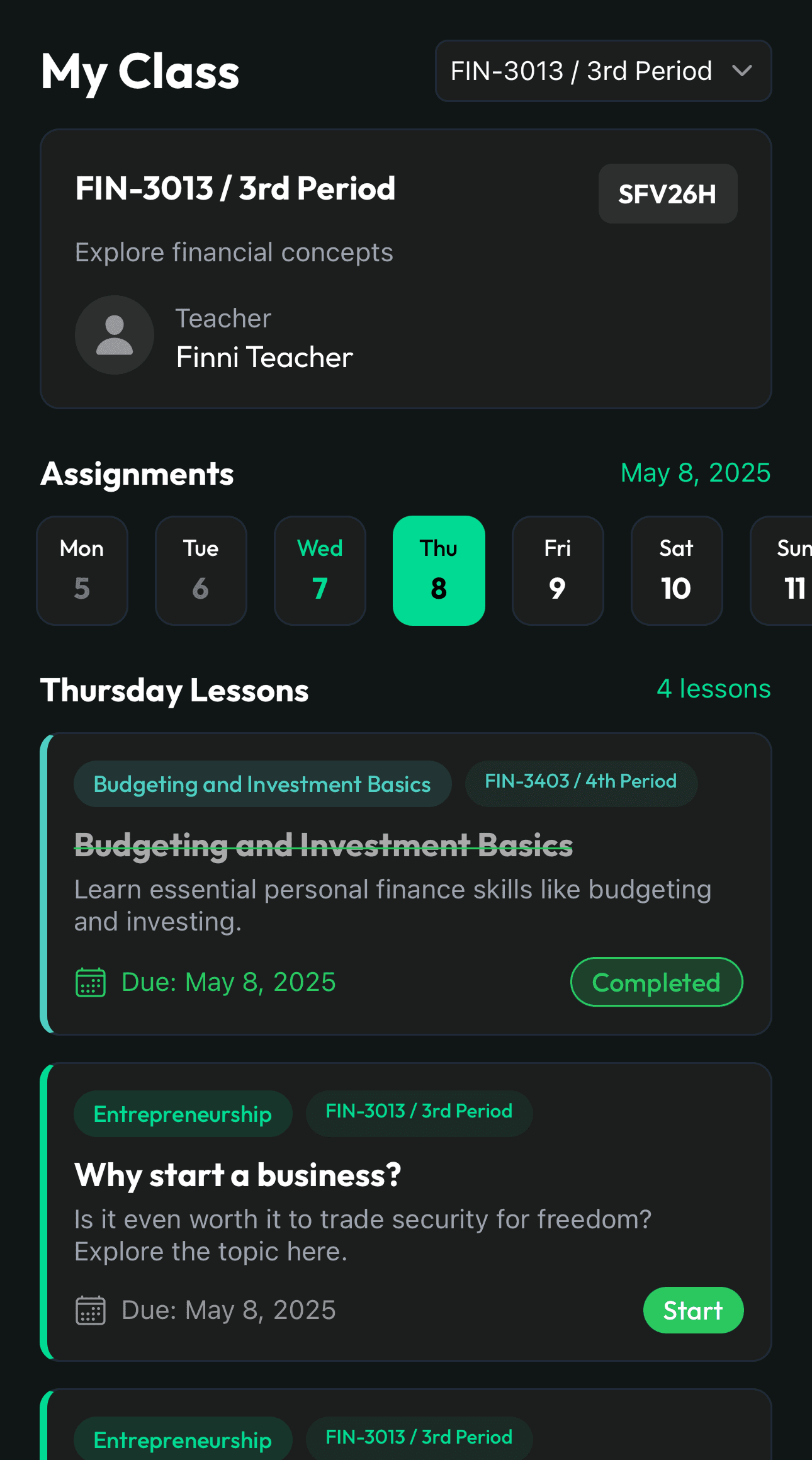 Classroom interface showing learning progress